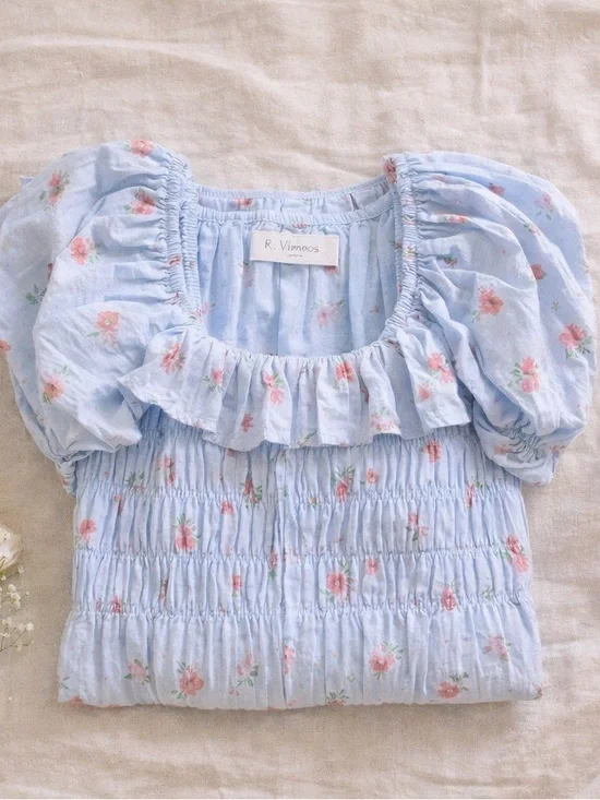 R Vivimos Blue Floral Cottagecore Dress Large 12 14 Milkmaid Puff Sleeve Smocked - Picture 8 of 9